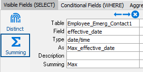 This shows the use of the Summing field to specify the latest effective date.